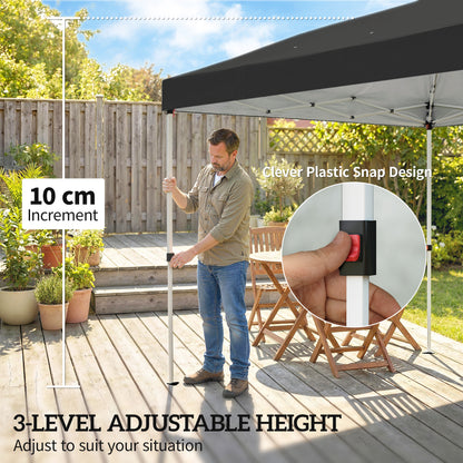 3x6m Pop-Up Canopy Gazebo | 17.5m² Coverage | 210D Silver-Coated UPF50+ Oxford Fabric | 6 Detachable Sidewalls | 3-Level Height Adjustment | 12 Drainage Holes | 18 Stakes & 6 Guy Ropes | Wheeled Carry Bag | Black