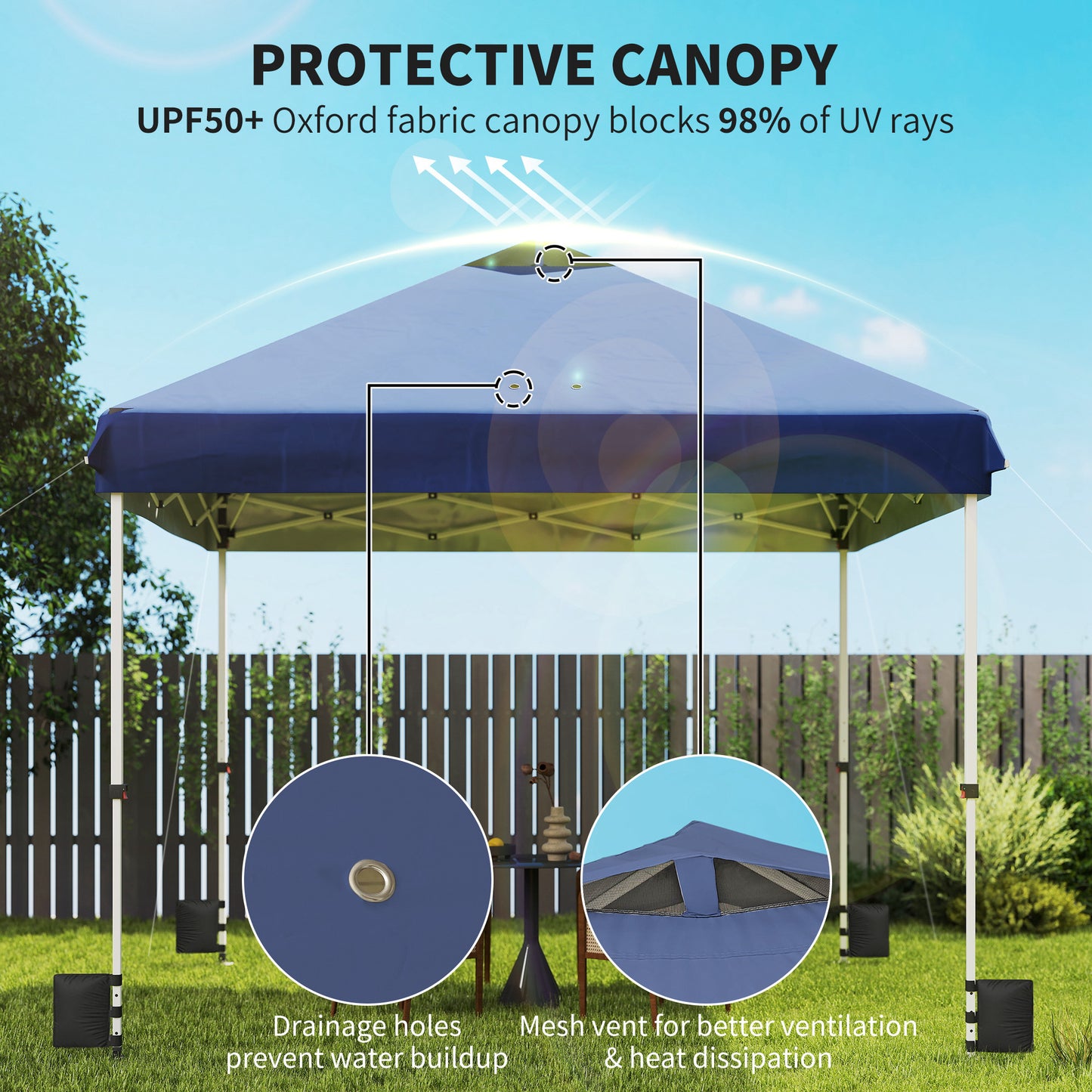 3x3m Pop-Up Gazebo with Flip-Down Wheels & One-Push Central Lock | UPF50+ 210D Oxford Fabric | Top Mesh Vent | 3-Height Adjustment | 4 Sandbags, 4 Guy Ropes & 12 Stakes | Carry Bag | 300x300x273cm | Dark Blue & White