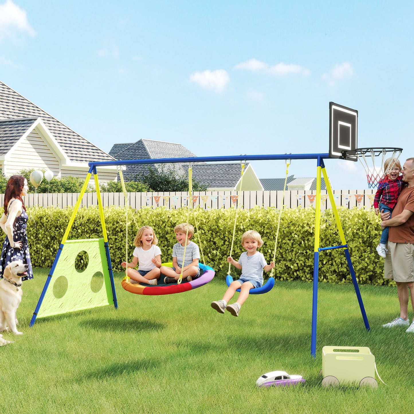 4-in-1 Kids Swing Set with Saucer Swing, Basketball Hoop & Football Goal – Rust-Proof A-Frame, 150kg Capacity, Adjustable Heights, Ages 3–8