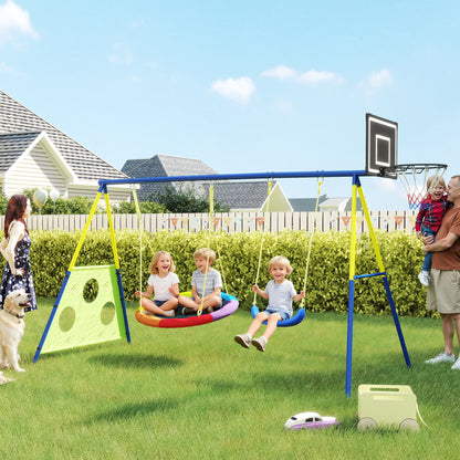 4-in-1 Kids Swing Set with Saucer Swing, Basketball Hoop & Football Goal – Rust-Proof A-Frame, 150kg Capacity, Adjustable Heights, Ages 3–8