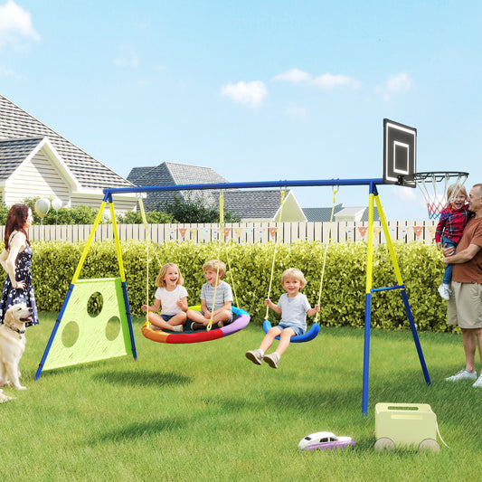 4-in-1 Kids Swing Set with Saucer Swing, Basketball Hoop & Football Goal – Rust-Proof A-Frame, 150kg Capacity, Adjustable Heights, Ages 3–8