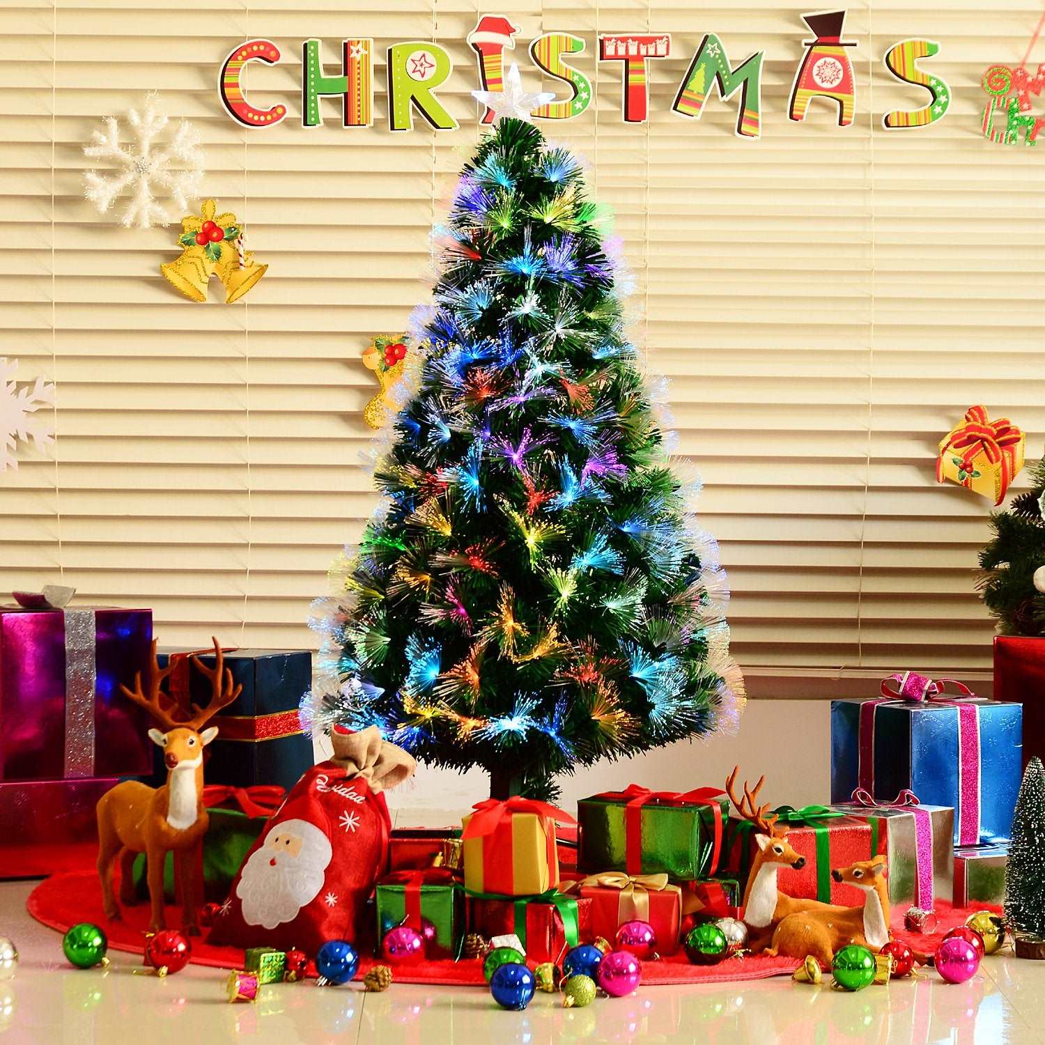 1.2m Tall Artificial Tree Fibre Optic Colourful LED Pre-Lit Holiday Home Christmas Decoration with Flash Mode, Green
