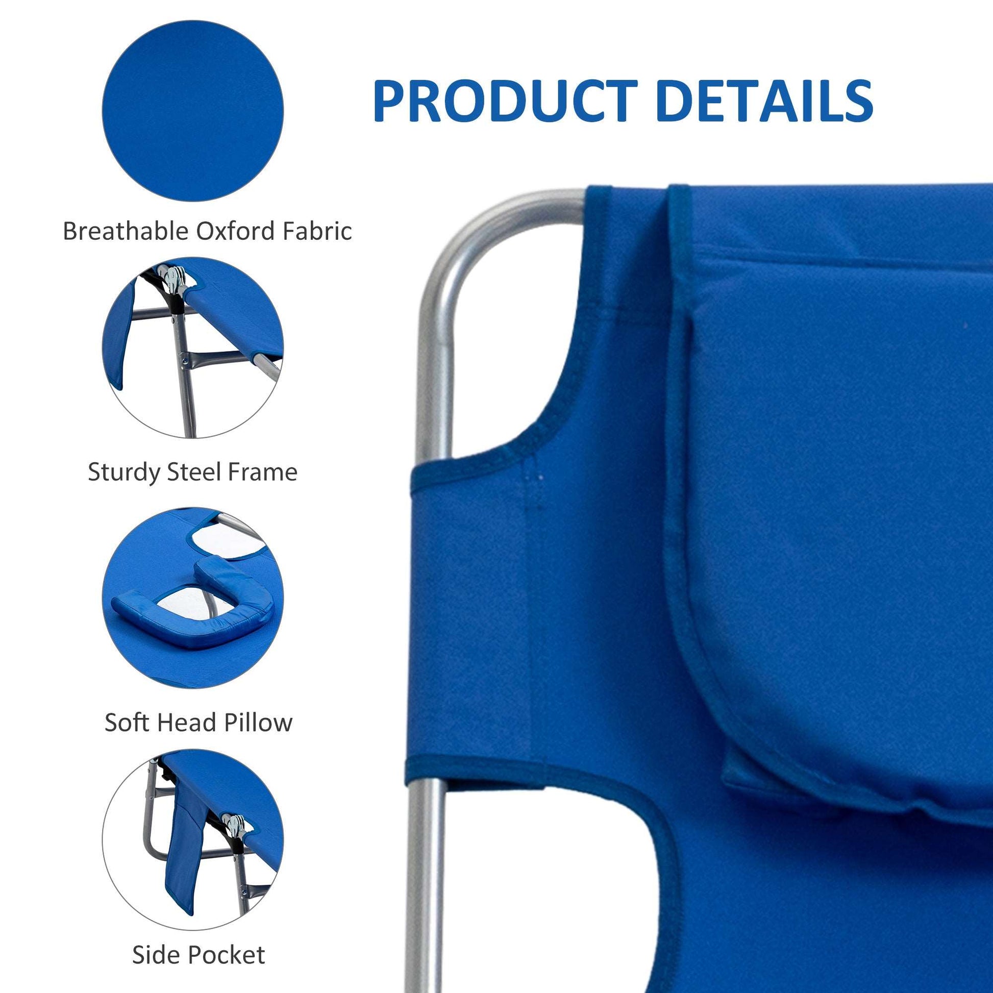 2 Pieces Foldable Sun Lounger Portable With 5 Level Adjustable Backrest, Reclining Lounge Chair with Side Pocket, Headrest Pillow, Blue