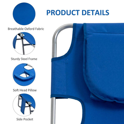 2 Pieces Foldable Sun Lounger Portable With 5 Level Adjustable Backrest, Reclining Lounge Chair with Side Pocket, Headrest Pillow, Blue
