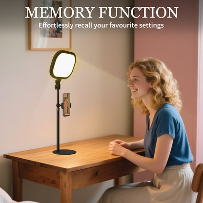 Selfie Light for Video Conference Lighting, Dimmable Desk Lamp with Stand Phone Holder, 5 Colour Modes & 10 Brightness Levels, Memory Function  Recording, Video Calls
