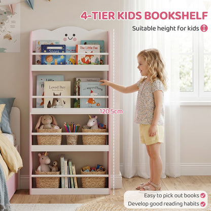 4-Tier Kids Wall-Mounted Bookshelf | Cotton Candy Theme | MDF & Pine | Anti-Tip | 3+ Years | Pink & White