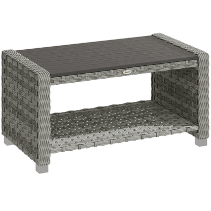 2-Tier Rattan Garden Coffee Table | PS Waterproof Top | Storage Shelf | 50kg | Foot Pads | Grey