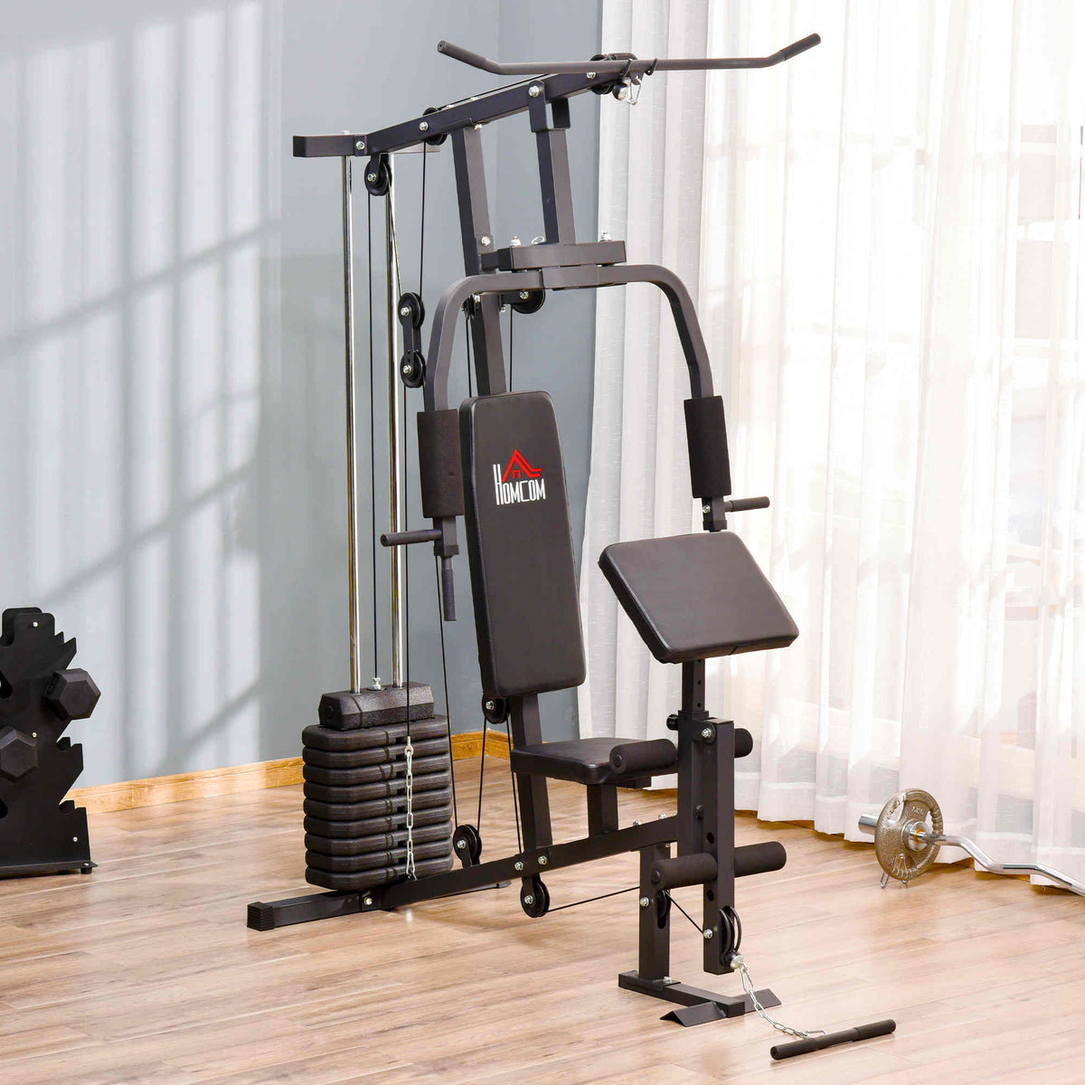 Multi Gym Station | Black | 148x108x207cm | 45kg Weight Stack | 10 Blocks | Chest Press | Butterfly Press | Leg Developer | 0-90° Arm Rotation | 120kg Max | Steel & PU