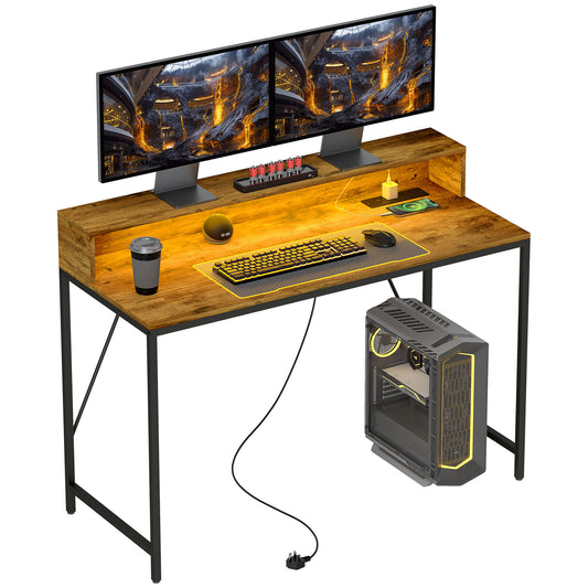 120cm Computer Desk with LED Lights and Power Outlets, Gaming Desk W/ Monitor Stand, Computer Table with Remote for Home Office Study
