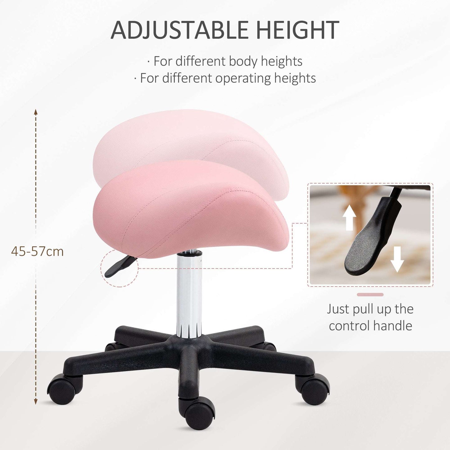 Saddle Stool, PU Leather Adjustable Rolling Salon Chair with Steel Frame for Massage, Spa, Beauty and Tattoo, Pink