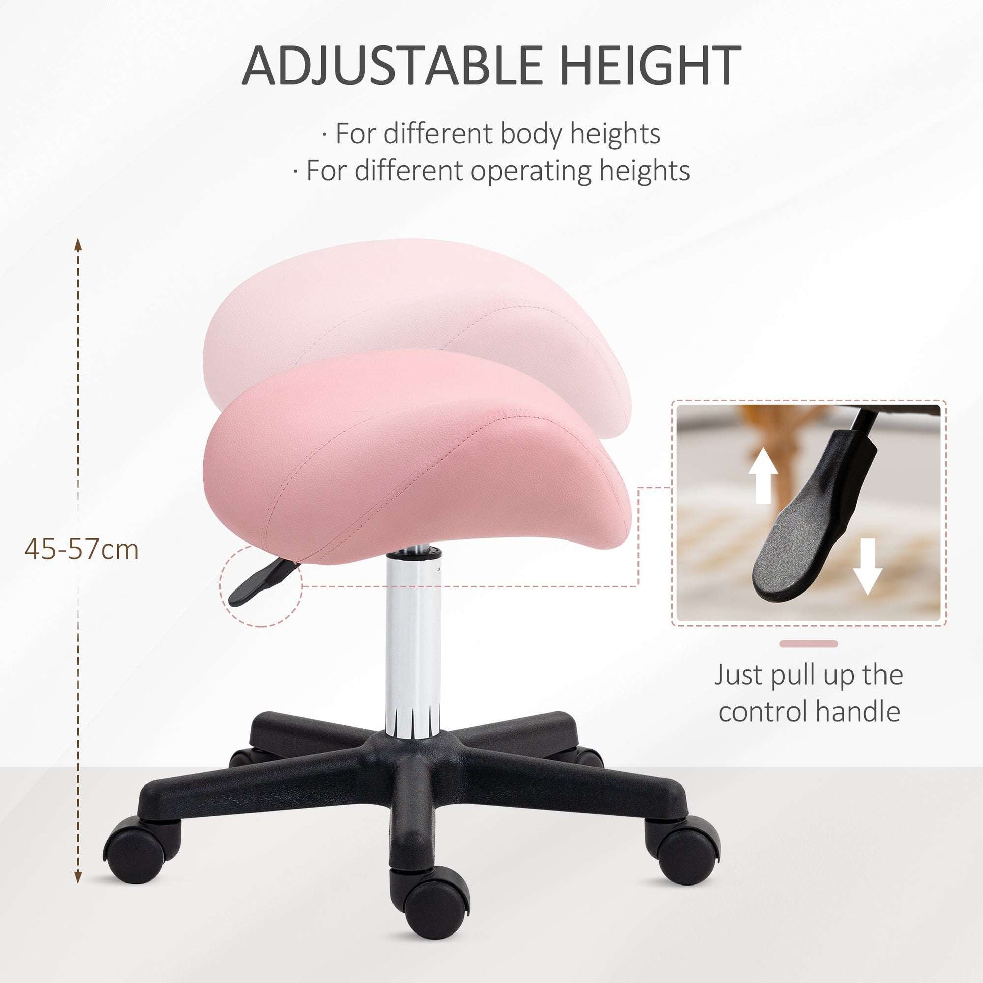 Saddle Stool, PU Leather Adjustable Rolling Salon Chair with Steel Frame for Massage, Spa, Beauty and Tattoo, Pink