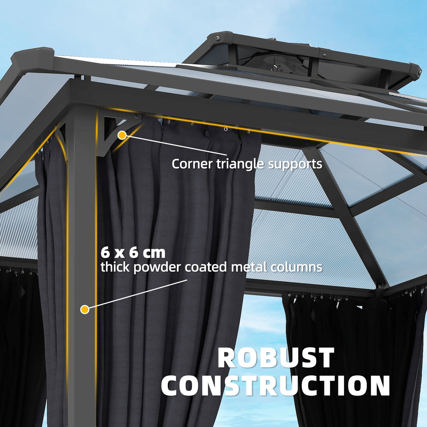2.5x2.5m Hardtop Gazebo | 6mm Polycarbonate Roof | Drainage Gutters | Curtains & Mesh | Ceiling Hook | Dark Grey