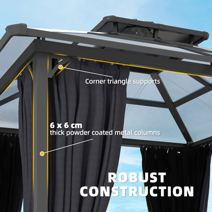 2.5x2.5m Hardtop Gazebo | 6mm Polycarbonate Roof | Drainage Gutters | Curtains & Mesh | Ceiling Hook | Dark Grey