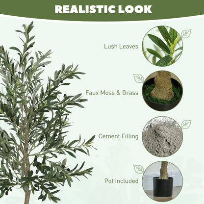 6ft/ 180cm Decorative Artificial Plant, Silk Olive Tree with 900 Leaves and 40 Olive Fruits in Pot, Fake Plant for Home, Office, Living Room, Indoor Decor
