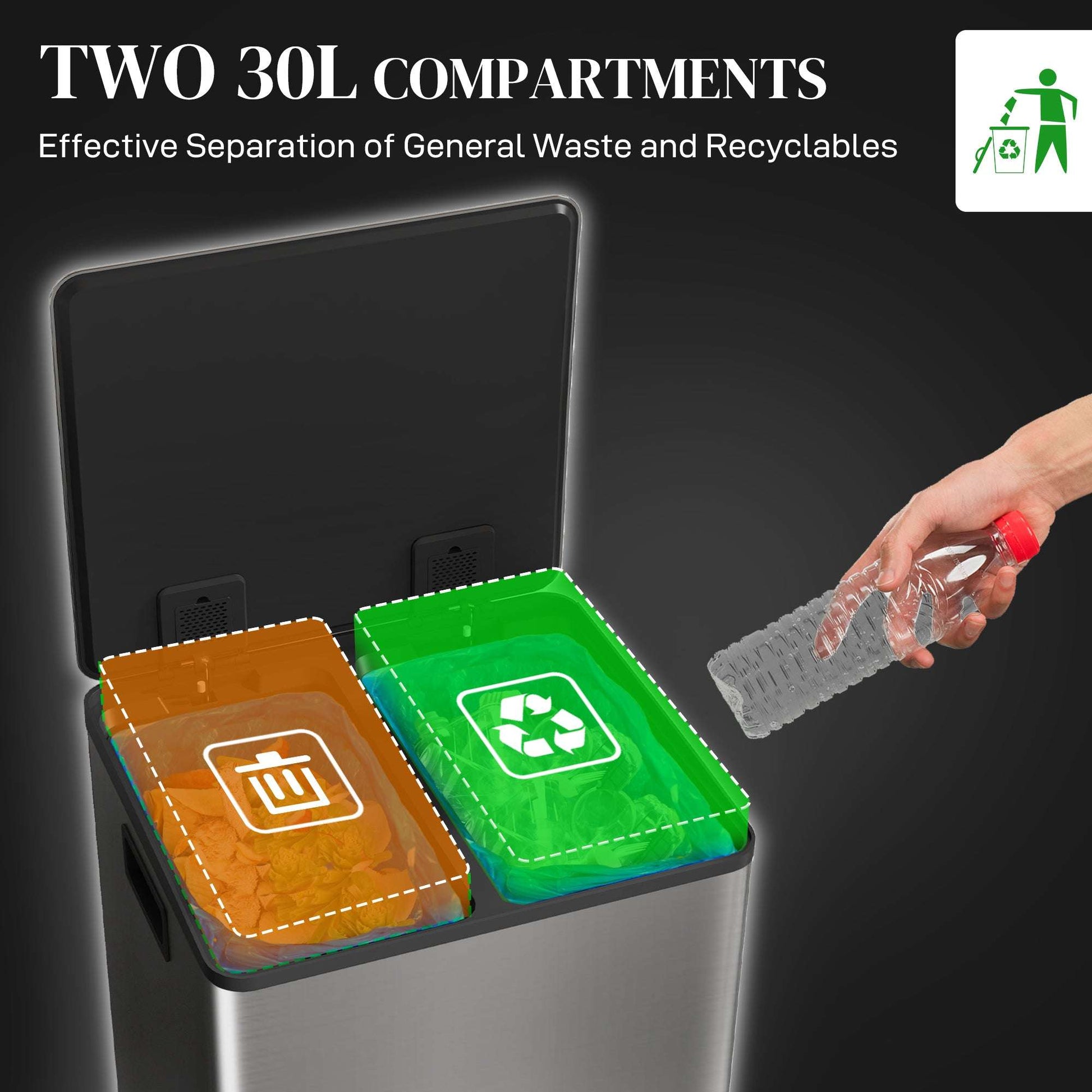 60L Dual Compartment Stainless Steel Bin, with Deodoriser Holders - Silver Tone