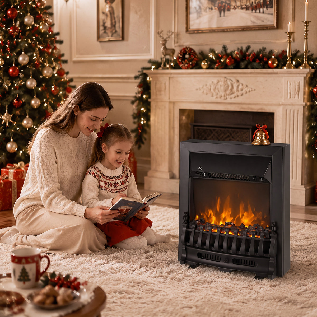 Electric Fireplace | 1000W/2000W Freestanding & Inset Fire | LED Flame & Glowing Coal Bed | Adjustable Thermostat | Matt Black
