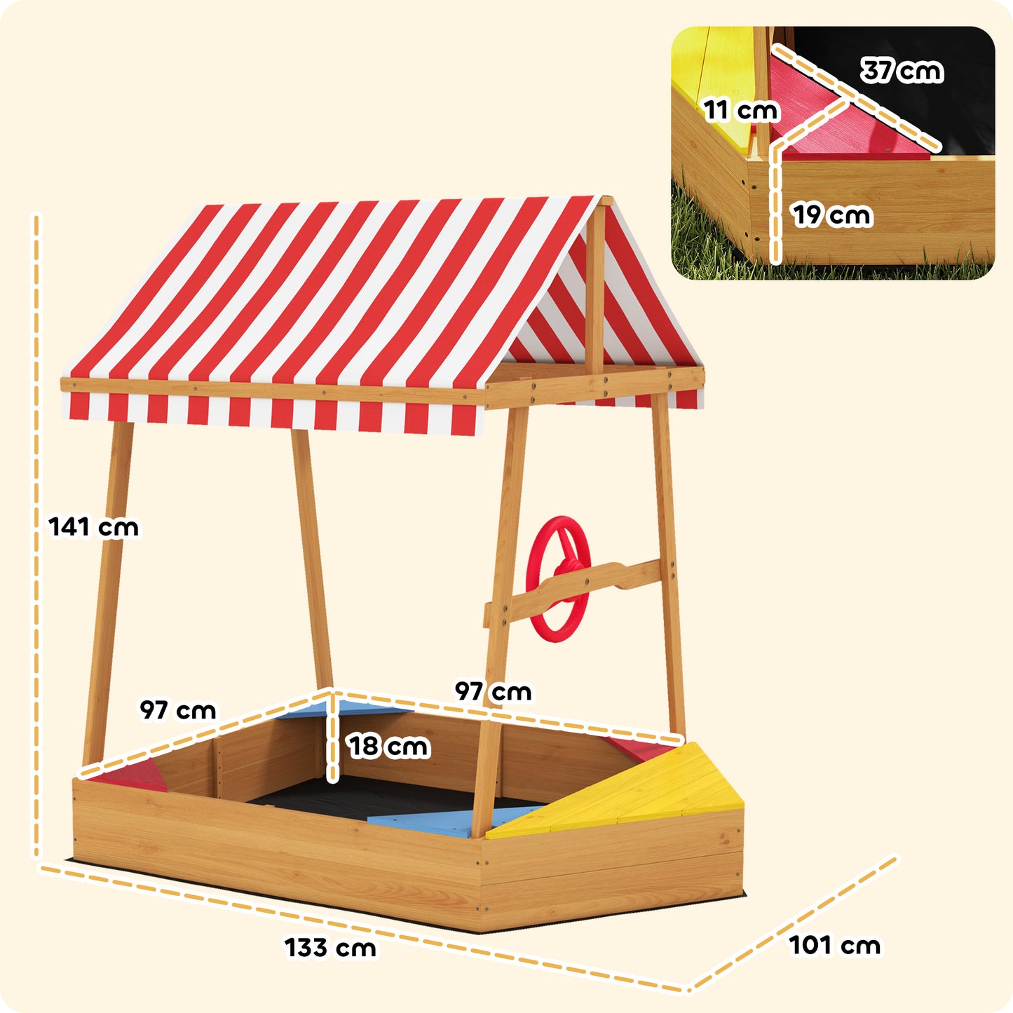 AIYAPLAY Wooden Kids Sandpit Boat Style with Canopy, 4 Seats, Rudder, Bottom Liner, for Children 3-8 Years, Yellow