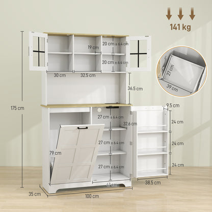 175cm Tall Kitchen Cabinet | Bin Cabinet | Acrylic Doors | 3 AC Outlets | Adjustable Shelves | 141kg | 100x35x175cm | White