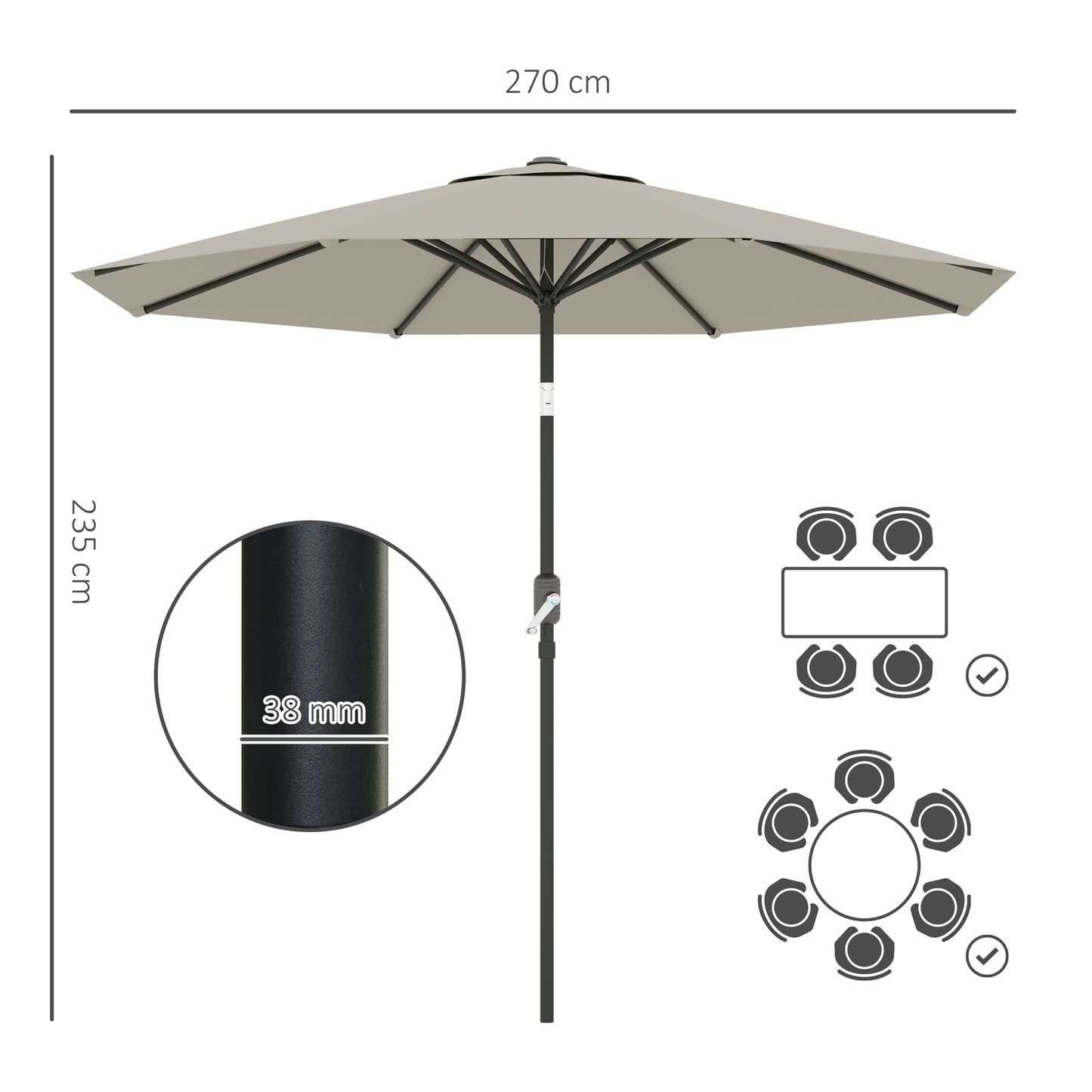 Outsunny 2.7M Garden Parasol Umbrella with Tilt and Crank, Outdoor Sun Parasol Sunshade Shelter with Aluminium Frame, Light Grey