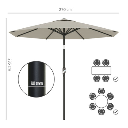 Outsunny 2.7M Garden Parasol Umbrella with Tilt and Crank, Outdoor Sun Parasol Sunshade Shelter with Aluminium Frame, Light Grey
