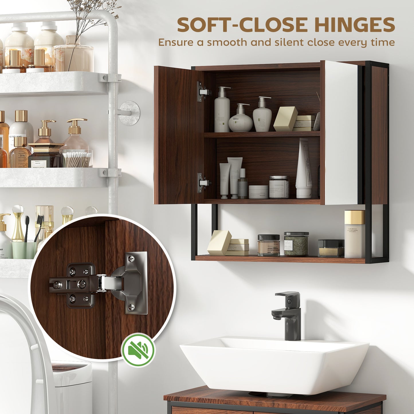 Bathroom Mirror Cabinet with Soft-Close Doors and Adjustable Shelf - Natural Wood Finish
