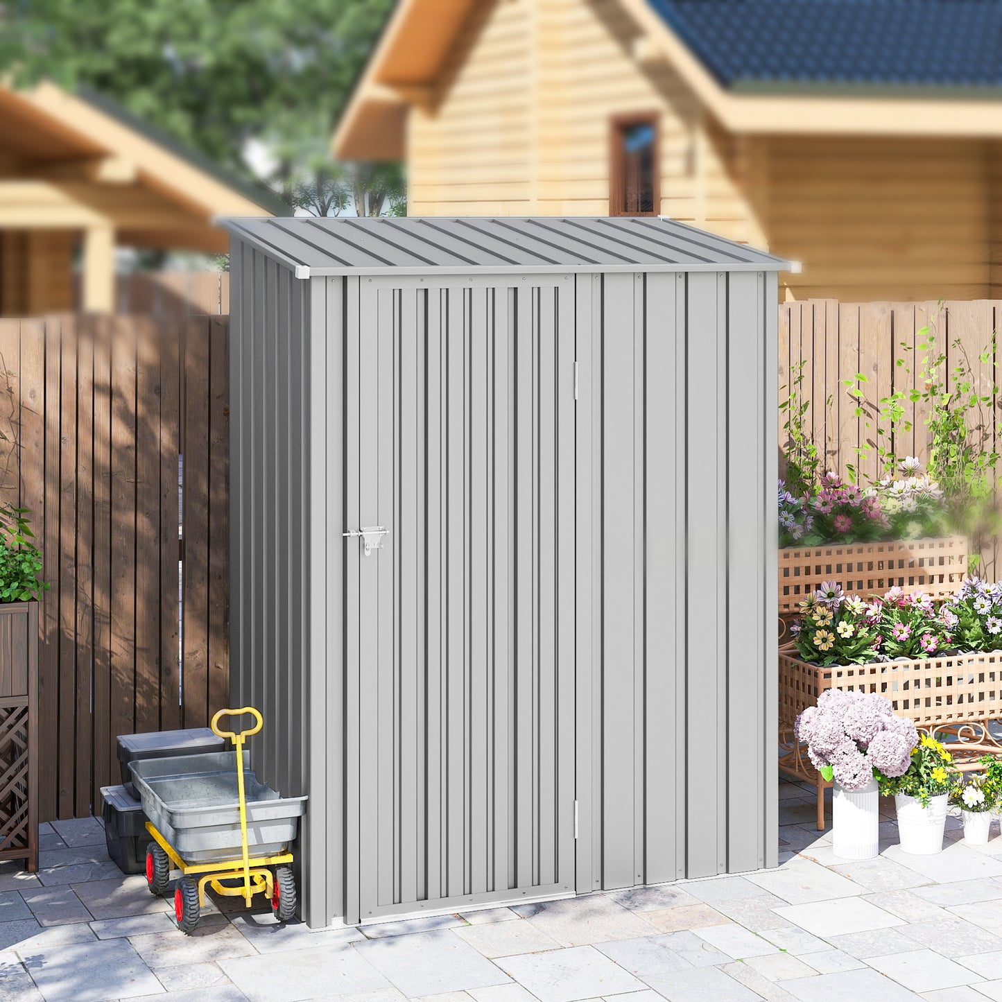 Corrugated Galvanised Steel Garden Storage Shed | Sloped Roof | Tall Latch Door | Pre-Drilled Panels | Weather-Resistant Coat | 142x86x189cm | 1.07m² | Tools & Bins | Aluminium Grey