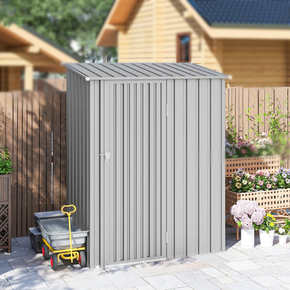 Corrugated Galvanised Steel Garden Storage Shed | Sloped Roof | Tall Latch Door | Pre-Drilled Panels | Weather-Resistant Coat | 142x86x189cm | 1.07m² | Tools & Bins | Aluminium Grey
