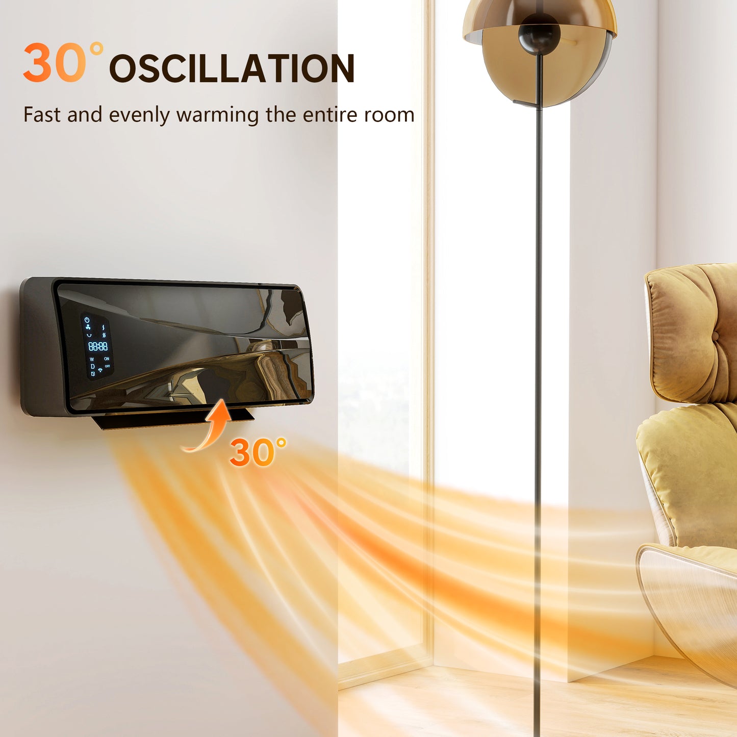 2000W Ceramic Electric Heater with Fan, Adjustable Thermostat, Wall Mounted - Black / White