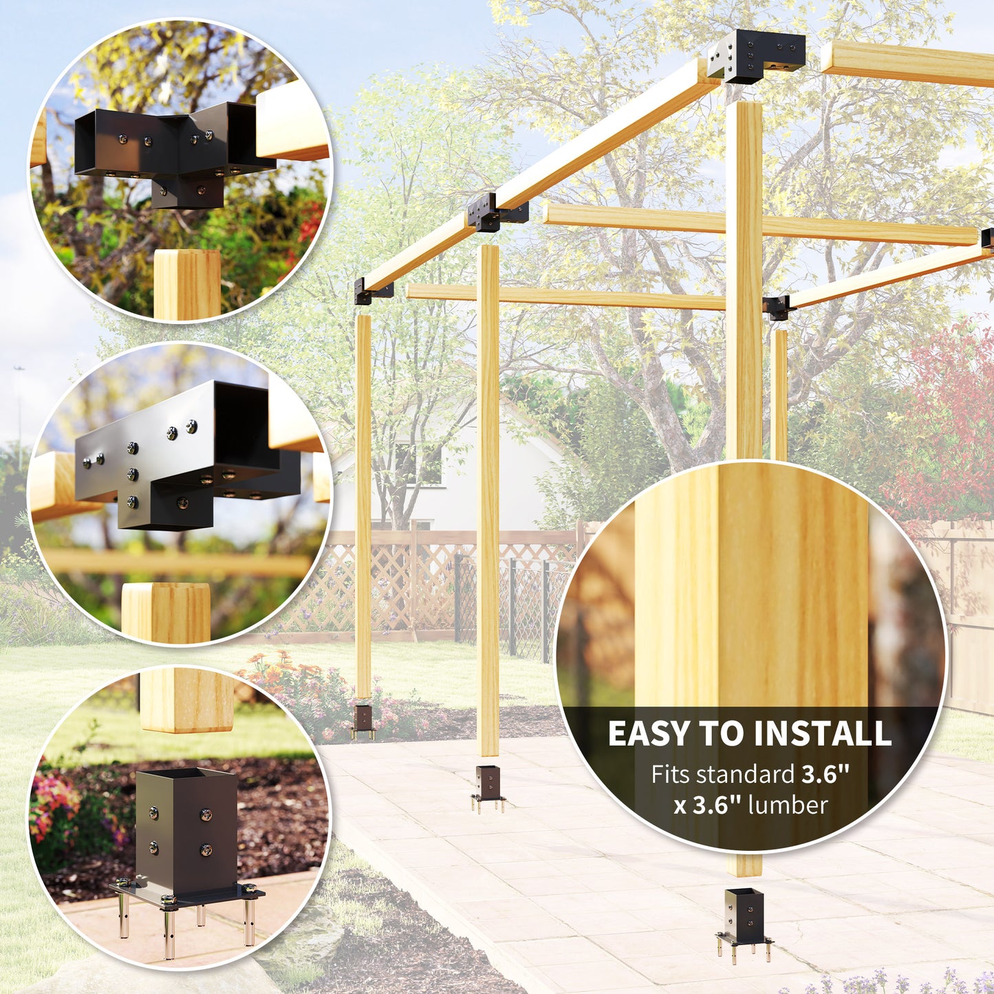 12 Piece DIY Pergola Bracket Kit | 3-Way & 4-Way Corner Brackets | Post Bases | Precision-Welded Powder-Coated Metal | Expansion Screws Included | Fits 9.6cm Lumber | Black
