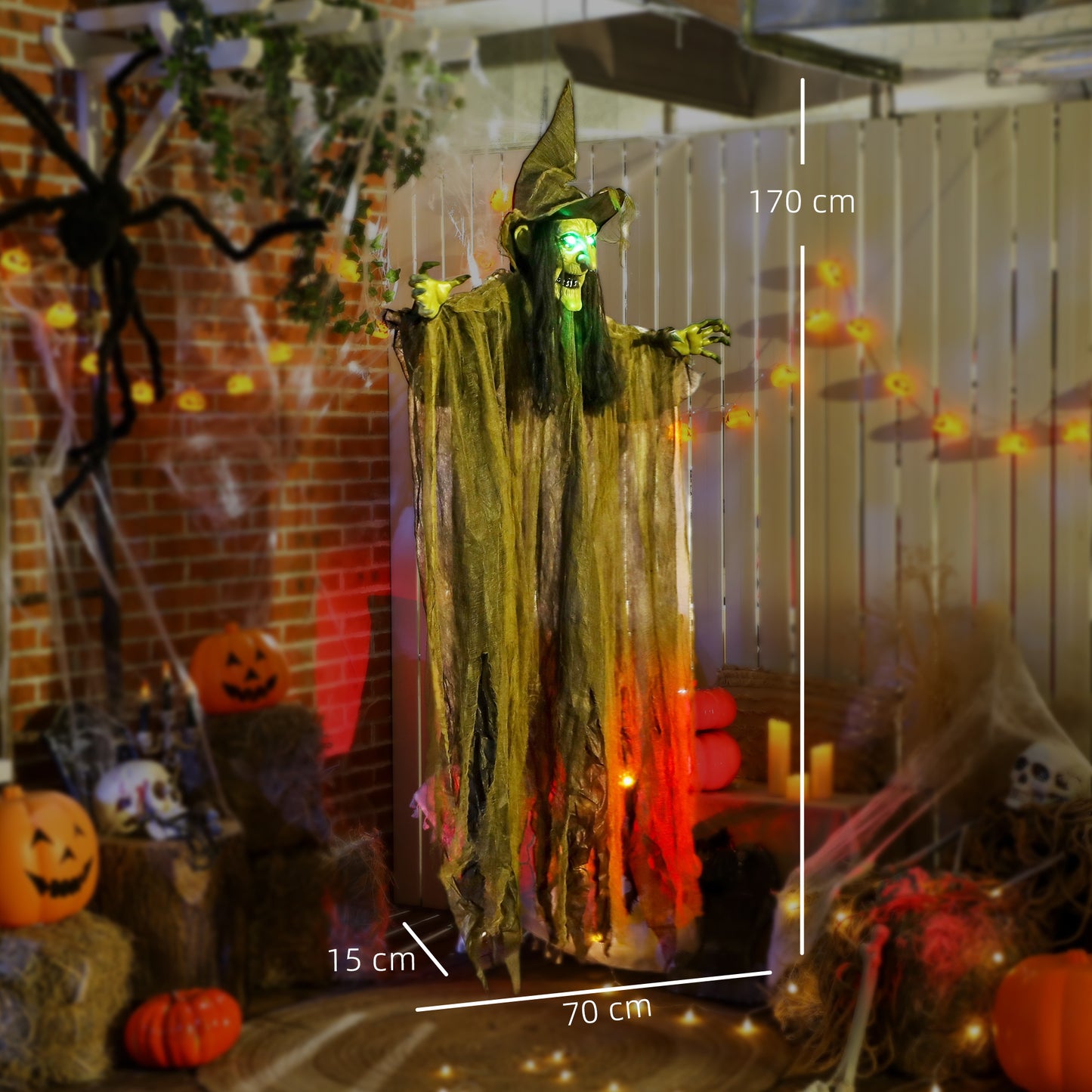 170 cm Life Size Hanging Halloween Animated Witch with Glowing LED Eyes, Spooky Witch Scary Halloween Decorations, Battery Operated, Indoor Party Props