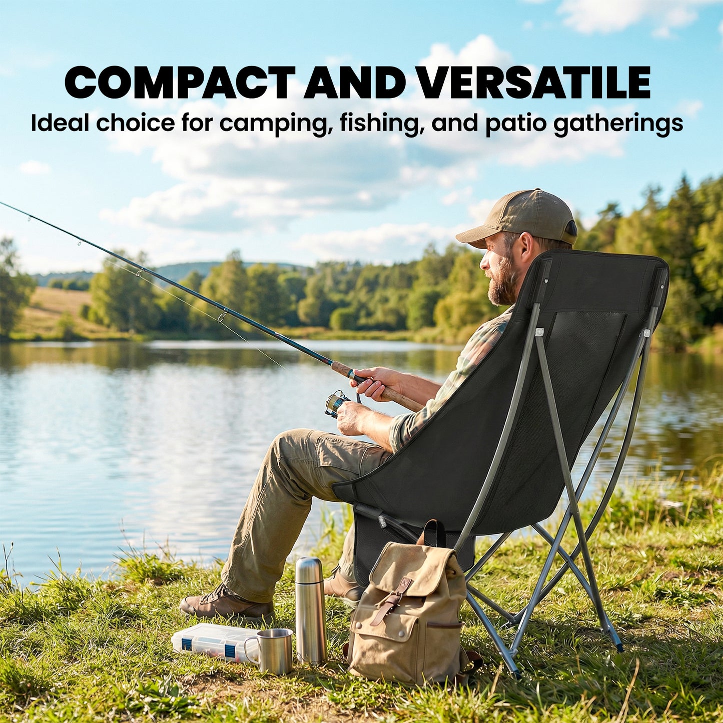 Outsunny Moon Camping Chair – Heavy Duty Folding Camp Chair, 120kg, Water-Repellent Oxford Fabric, Side Pocket & Carry Bag – Black
