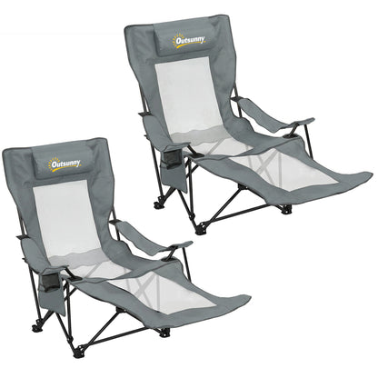 Reclining Camping Chair | Set of 2 | 4-Position Backrest | Detachable Footrest | Cup Holder | Breathable Mesh | 120kg | Grey
