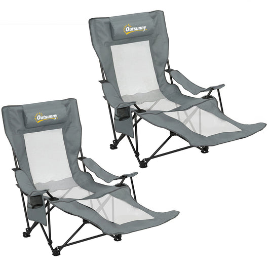 Reclining Camping Chair | Set of 2 | 4-Position Backrest | Detachable Footrest | Cup Holder | Breathable Mesh | 120kg | Grey