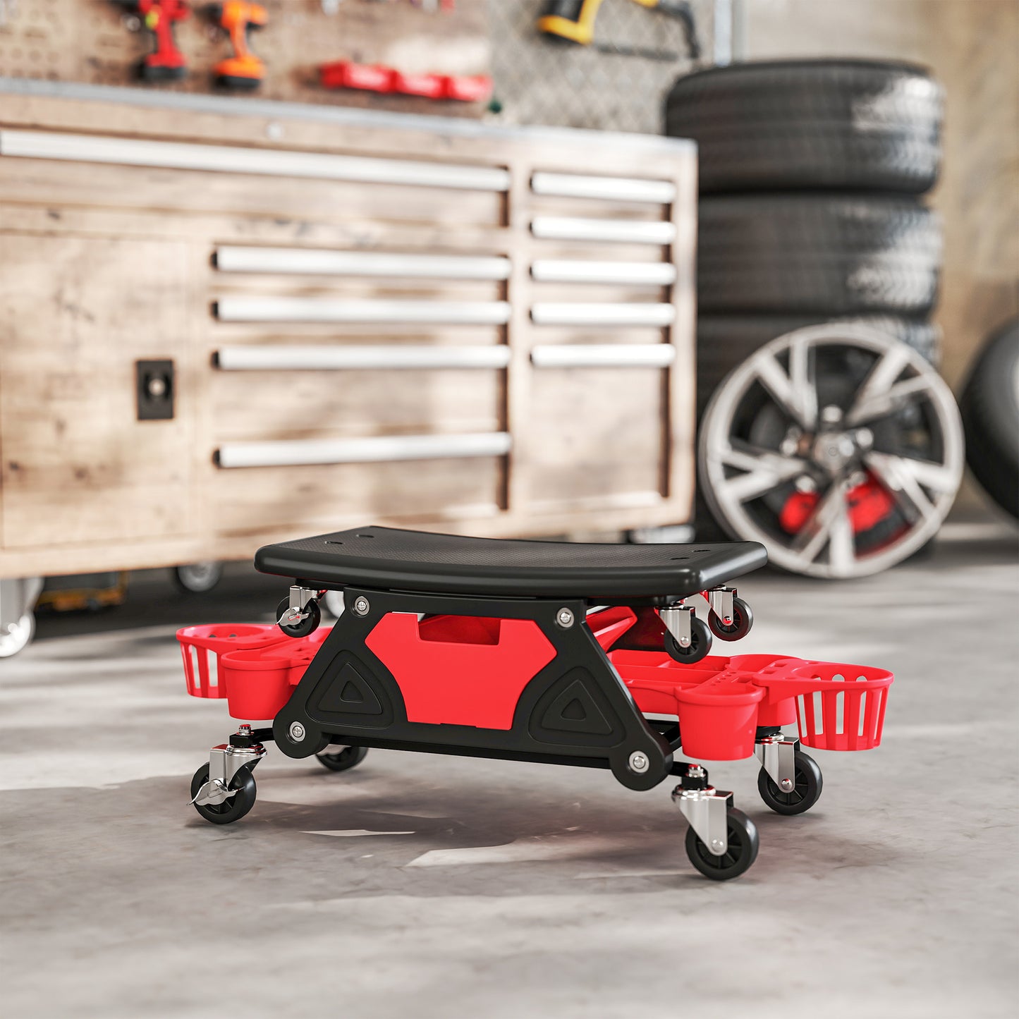 Rolling Mechanic Stool, 135kg Capacity Workshop Stool with 360° Swivel Wheels, Roller Creeper Seat with Slide Out Tool Trays, Drawer, Bottle Holders for Garage, Shop, Auto Repair