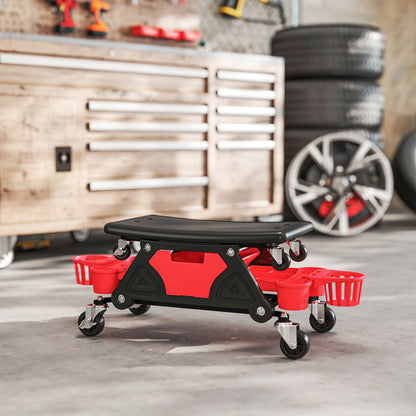Rolling Mechanic Stool, 135kg Capacity Workshop Stool with 360° Swivel Wheels, Roller Creeper Seat with Slide Out Tool Trays, Drawer, Bottle Holders for Garage, Shop, Auto Repair