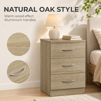 3-Drawer Bedside Table with Aluminium Handles & Wooden Glides | Oak Tone Melamine Finish | Non-Slip Pads | 40x35x58cm | 50kg Capacity | 10kg Per Drawer | Particleboard | Assembly Required