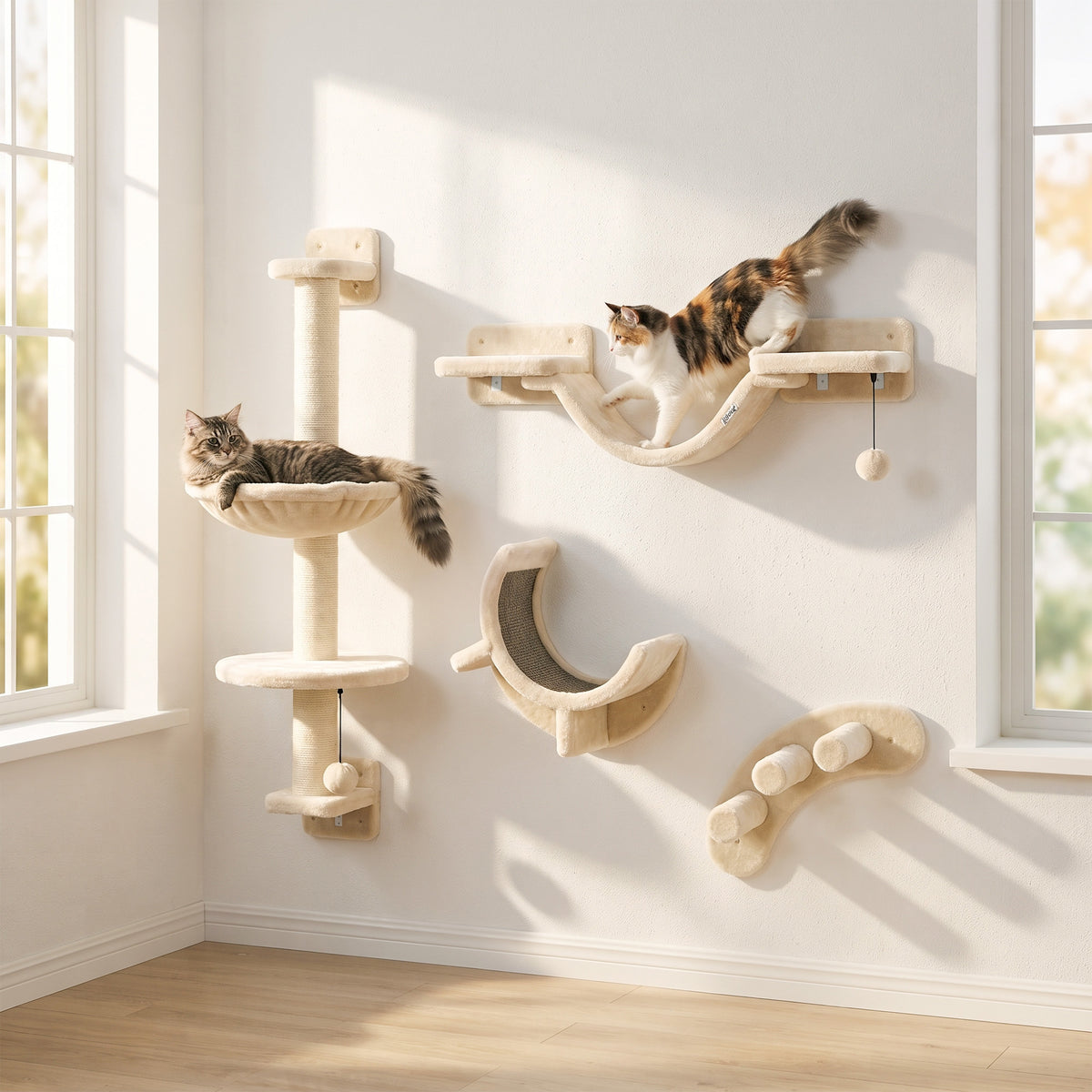 PawHut 4-Piece Cat Wall Furniture Set | Hammock | Soft Ladder Platform | 3-Step Curved Ladder | Plush-Covered | Adjustable Layout | Sisal Scratch Surface | Under 5kg | Indoor | Beige