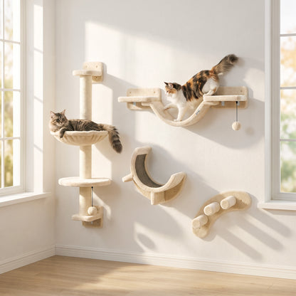 PawHut 4-Piece Cat Wall Furniture Set | Hammock | Soft Ladder Platform | 3-Step Curved Ladder | Plush-Covered | Adjustable Layout | Sisal Scratch Surface | Under 5kg | Indoor | Beige