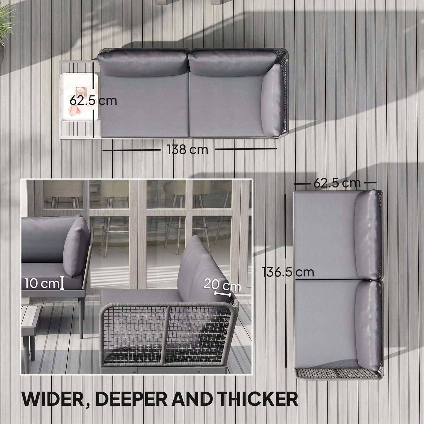 3-Piece Rattan Garden Sofa Set | 2 Loveseats | Acacia Wood End Table & Coffee Table | 10cm Seat & 20cm Back Cushions | Washable Covers | 320kg Capacity | PE Rattan & Steel | Grey