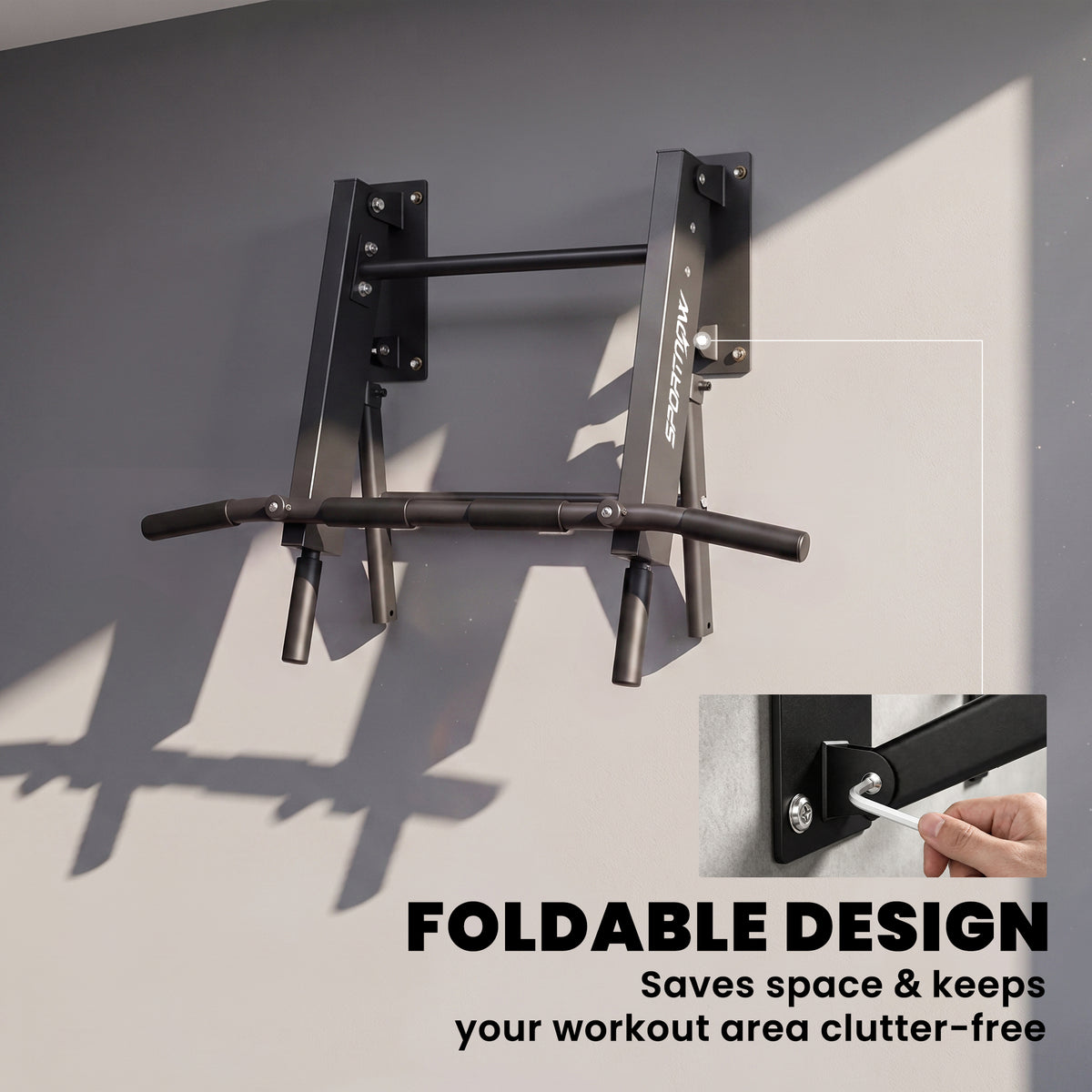 Wall Mounted Pull Up Bar | Foldable Chin Up Bar | 3 Resistance Band Hooks | 120kg Capacity | Home Gym | Black