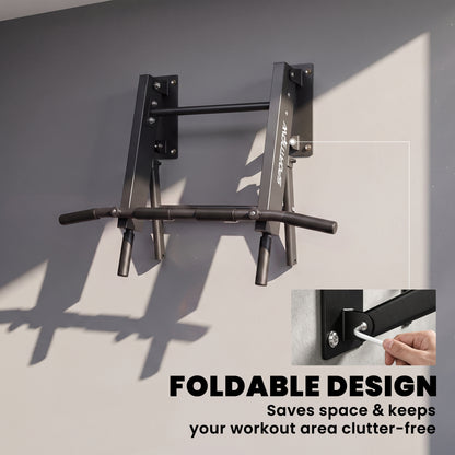 Wall Mounted Pull Up Bar | Foldable Chin Up Bar | 3 Resistance Band Hooks | 120kg Capacity | Home Gym | Black