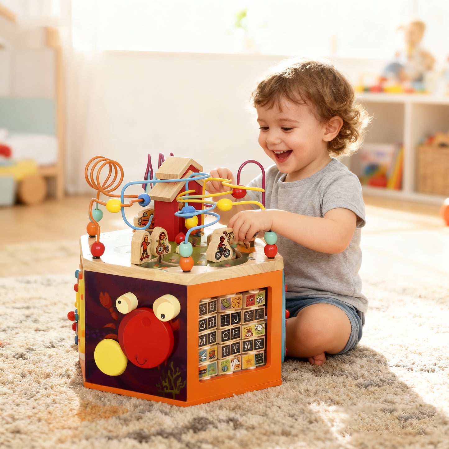 AIYAPLAY 8 in 1 Wooden Activity Cube with Bead Maze, Shape Sorter, for Kids Boys Girls 18+ Months