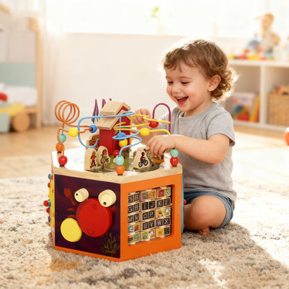 AIYAPLAY 8 in 1 Wooden Activity Cube with Bead Maze, Shape Sorter, for Kids Boys Girls 18+ Months