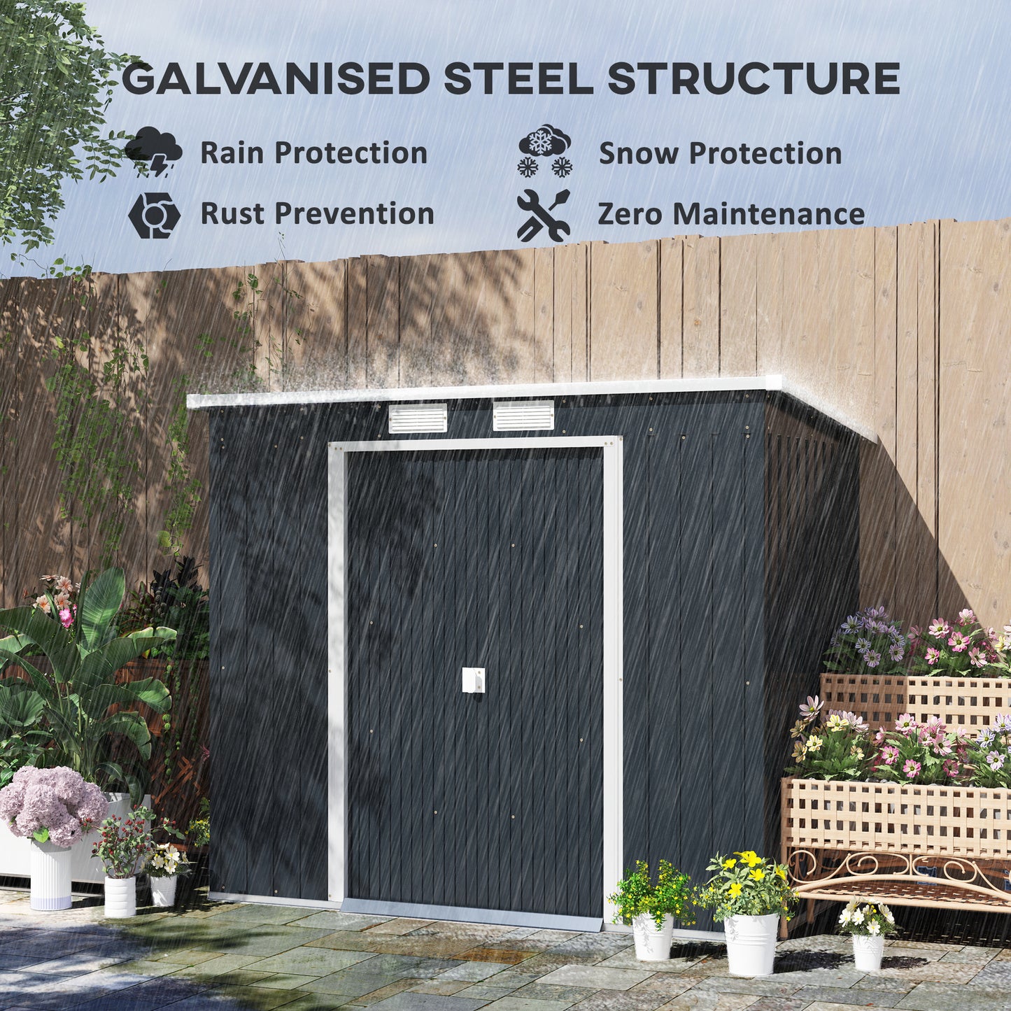 Outdoor Lean to Garden Metal Equipment Tool Storage Shed w/ Foundation Kit, Double Door, Vents and Sloped Roof, Dark Grey