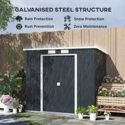 Outdoor Lean to Garden Metal Equipment Tool Storage Shed w/ Foundation Kit, Double Door, Vents and Sloped Roof, Dark Grey