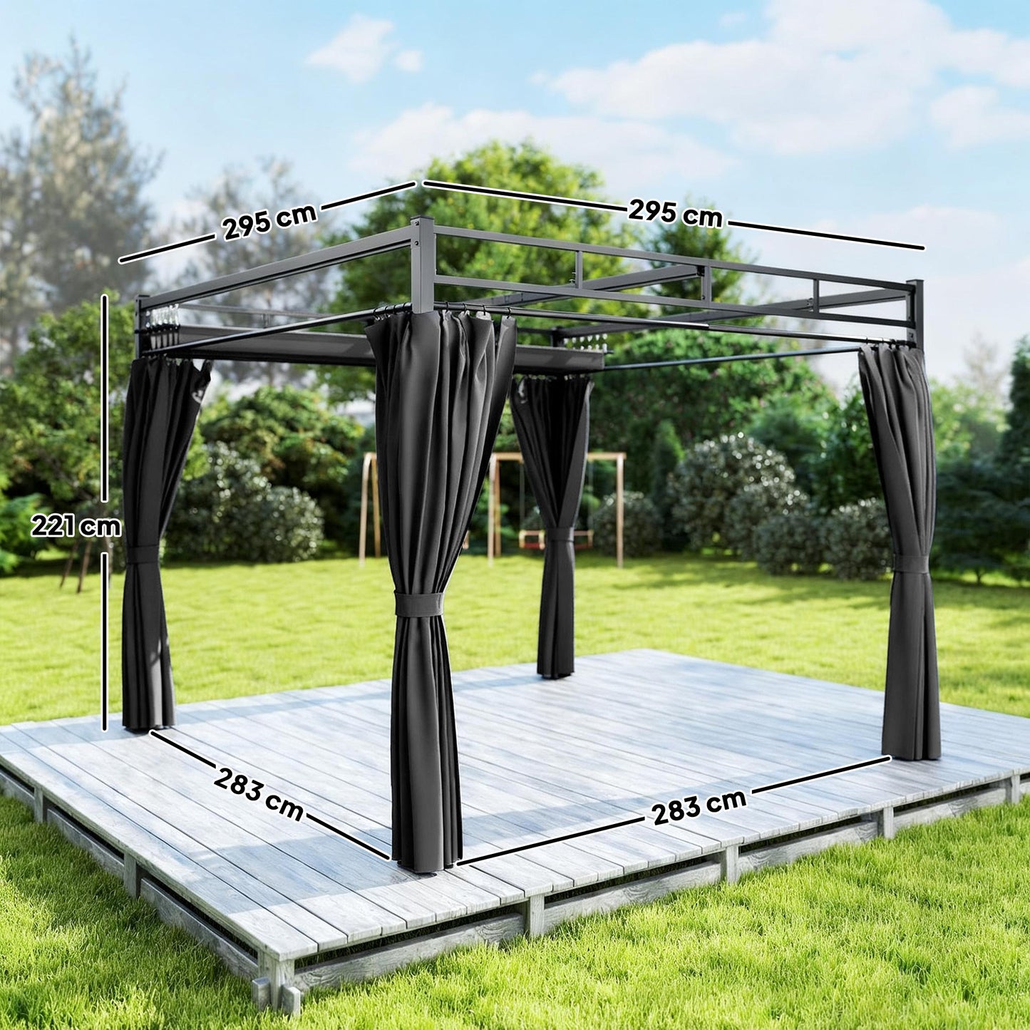 3 x 3 m Pergola with Retractable Roof Canopy and Curtains, UPF30+ Metal Frame Garden Pergola Gazebo Sun Shade, Dark Grey