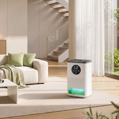 300ml/Day Small Dehumidifier | 1.4L Tank (133hrs) | 7-Colour RGB Mood Light | 43dB Sleep Mode | 4–24H Timer | LED Touch Panel | Auto Shut-Off & Defrost | 15m² | ABS | 15.2x13.5x24cm | White