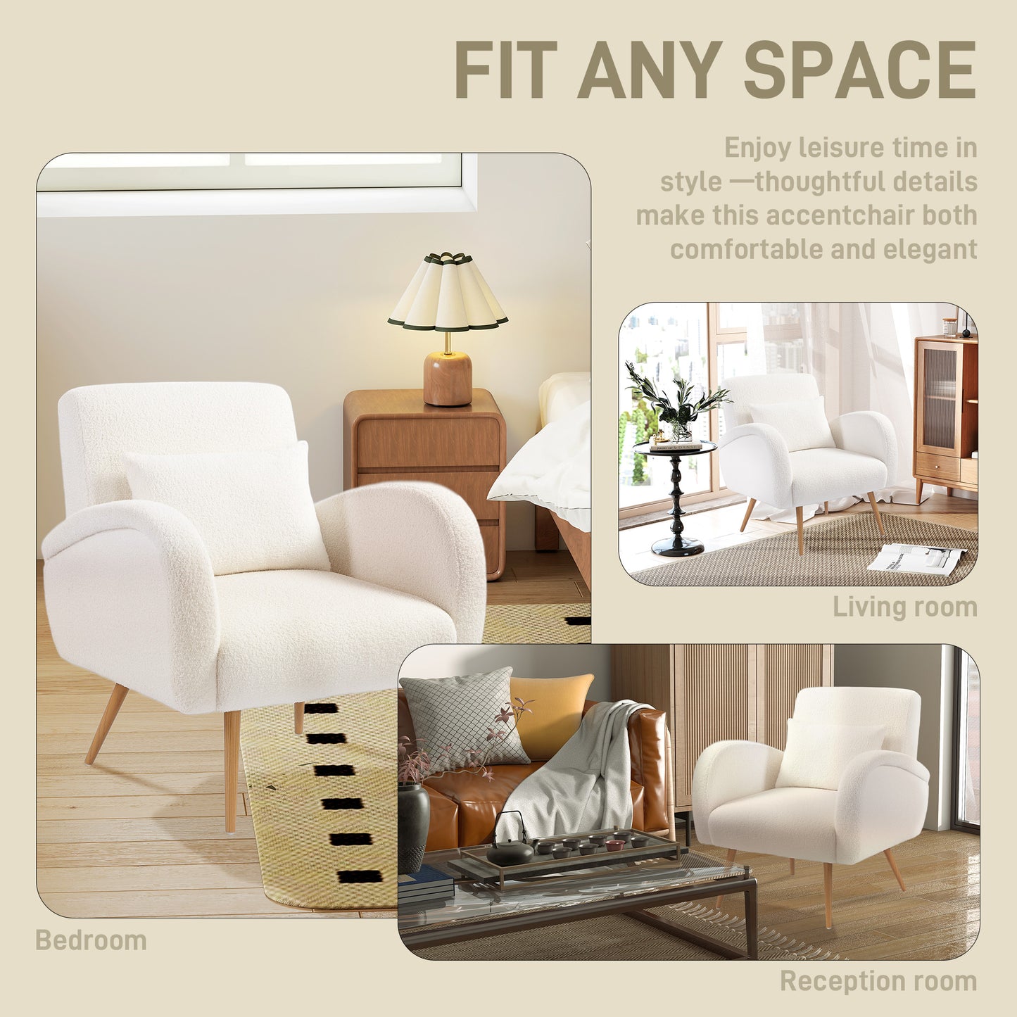 Teddy Fleece Accent Chair | High-Resilience Foam | Removable Lumbar Pillow | Metal Legs | 120kg | Cream White