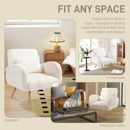 Teddy Fleece Accent Chair | High-Resilience Foam | Removable Lumbar Pillow | Metal Legs | 120kg | Cream White