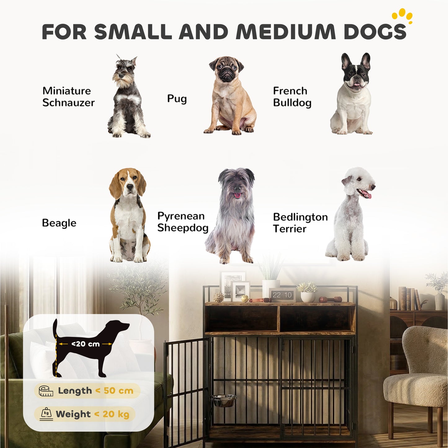 Dog Crate Furniture Side Table | Rotating Feeding Station | Storage Shelf | Double Door Lock | 20kg | Rustic Brown